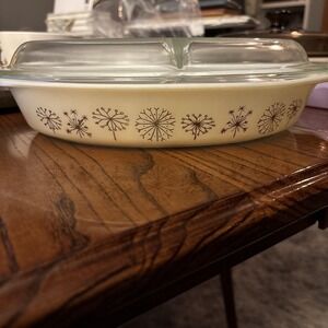 Vintage Pyrex Dandelion Duet 1.5 Qt Divided Covered Oval Casserole Dish 1959